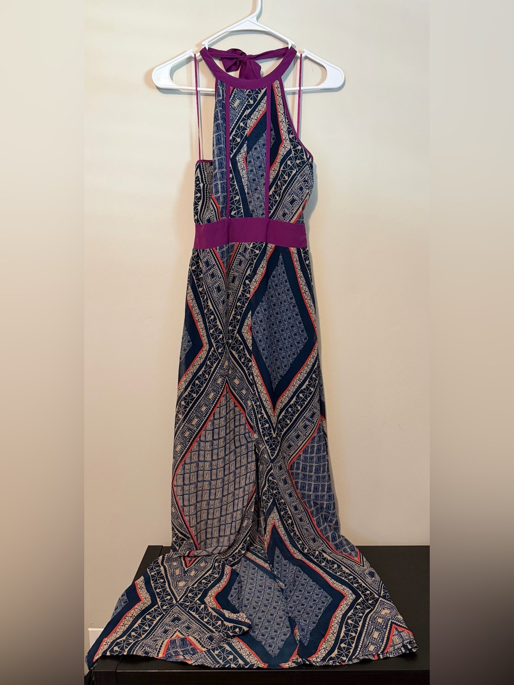 Jealous Tomato Navy Geometric Halter Maxi with Purple Accents NWT